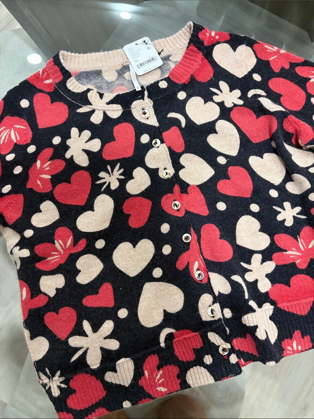 Free People NWT Women Black Heart & Floral Button Cardigan - Red & Cream